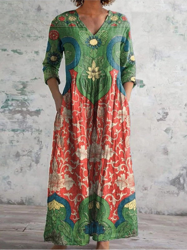 Sarai™ - VINTAGE FLORAL MAXI DRESS WITH ELEGANT SILHOUETTE