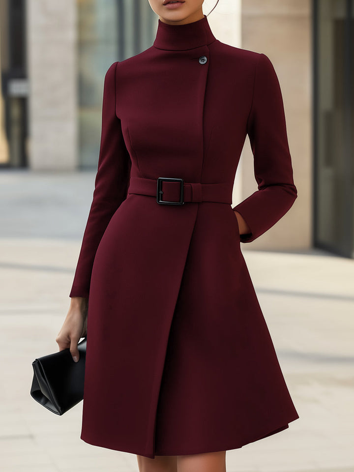 Eliana™ - ELEGANT HIGH-NECK ASYMMETRIC A-LINE DRESS WITH BELT
