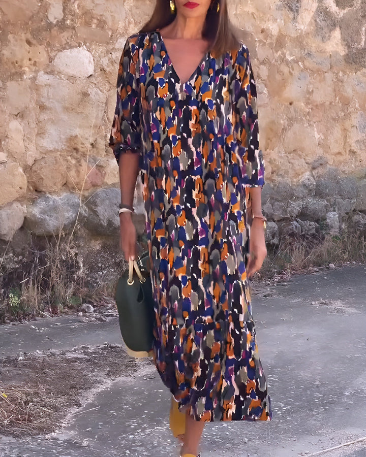 Nathalie™ - RETRO PRINT V-NECK DRESS