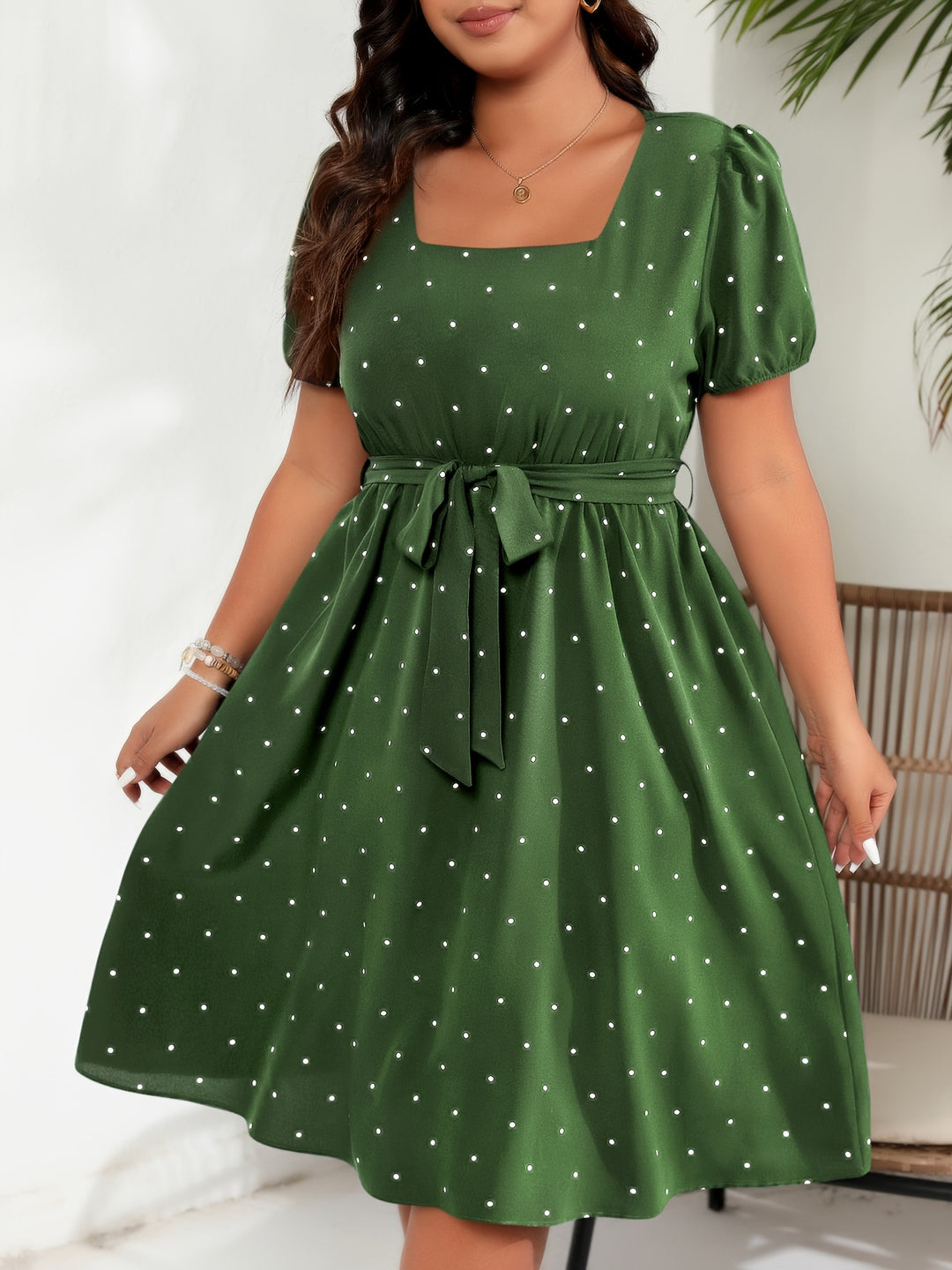 CELINA™ - POLKA DOT SQUARE NECK DRESS