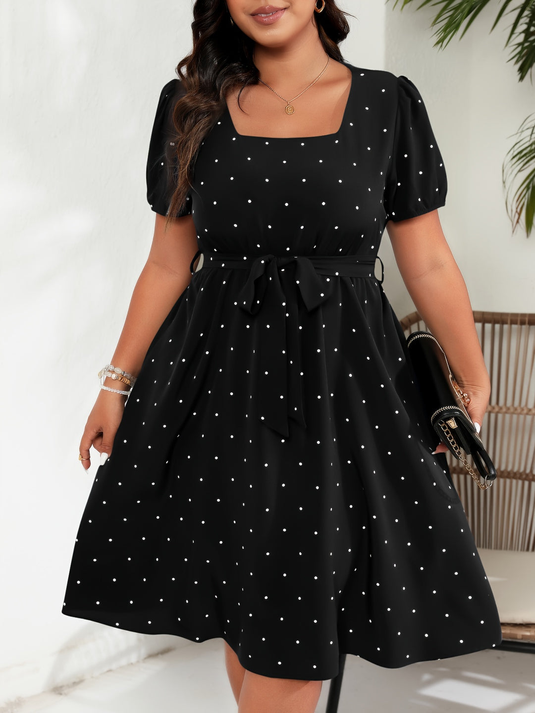 CELINA™ - POLKA DOT SQUARE NECK DRESS