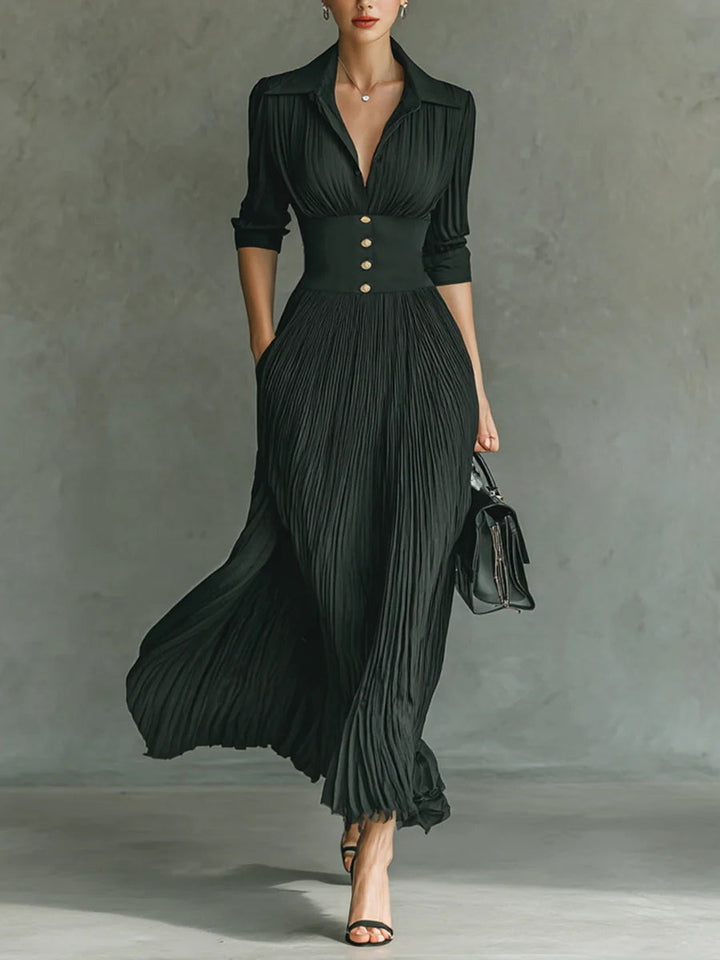 Evren™ – ELEGANT LONG SLEEVE PLEATED COLLAR MAXI DRESS