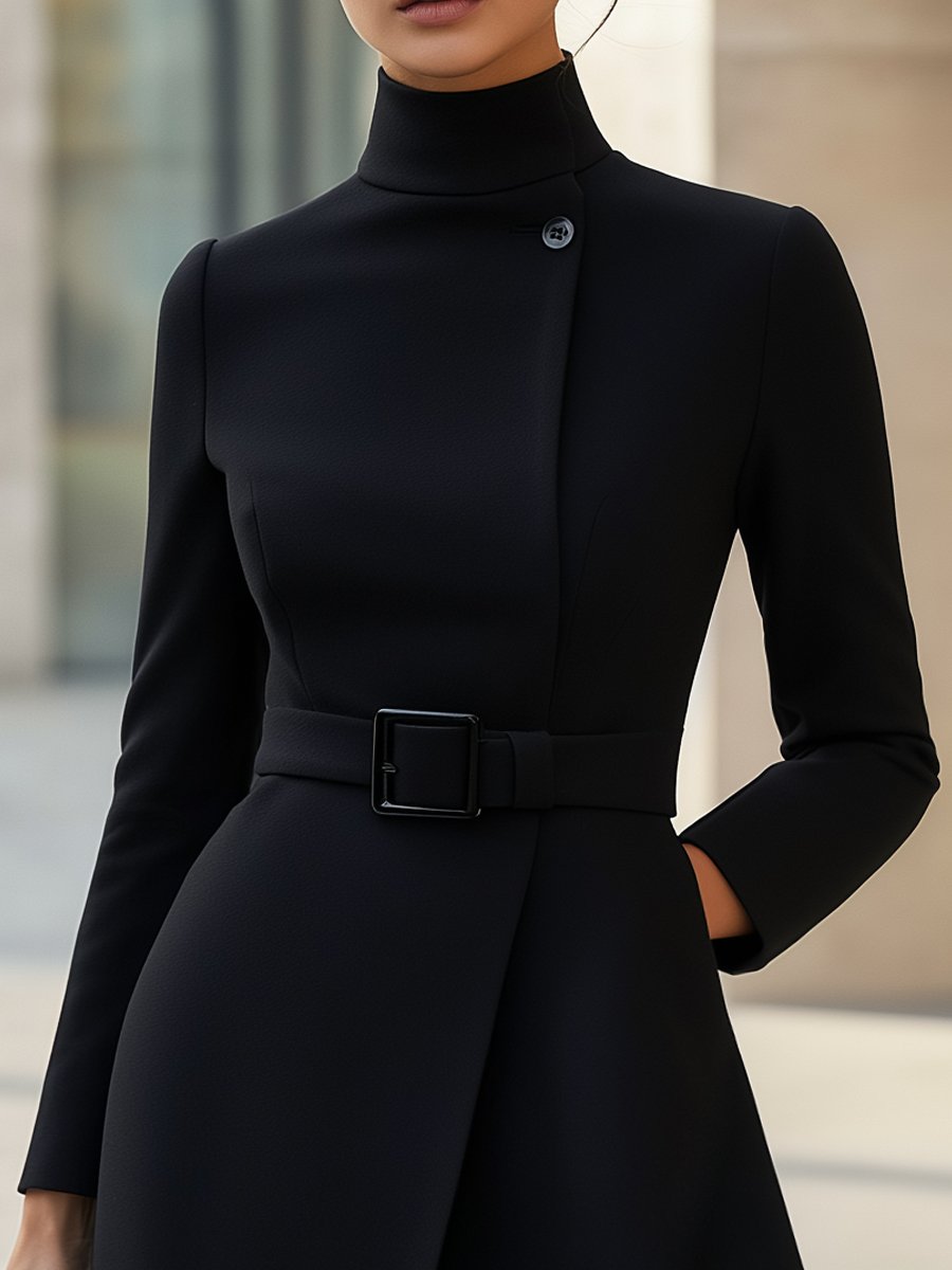 Eliana™ - ELEGANT HIGH-NECK ASYMMETRIC A-LINE DRESS WITH BELT