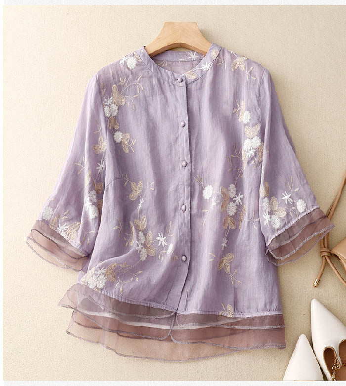 ELOISE™ - EMBROIDERED COTTON-LINEN BLOUSE
