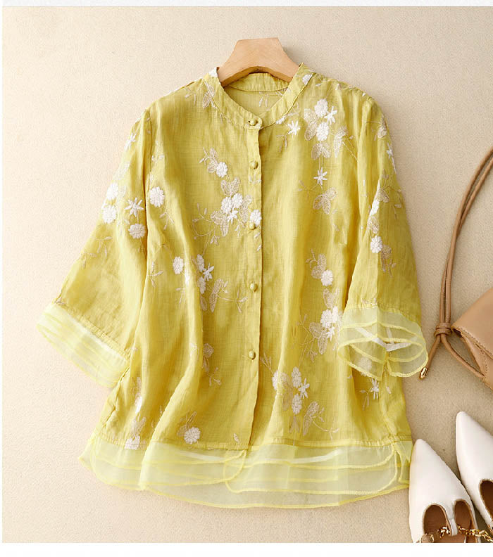 ELOISE™ - EMBROIDERED COTTON-LINEN BLOUSE
