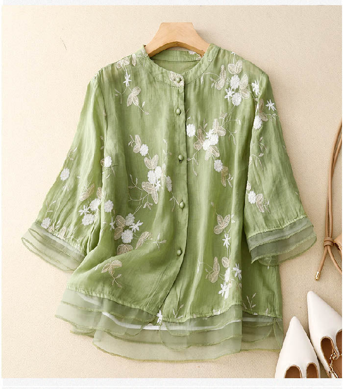 ELOISE™ - EMBROIDERED COTTON-LINEN BLOUSE